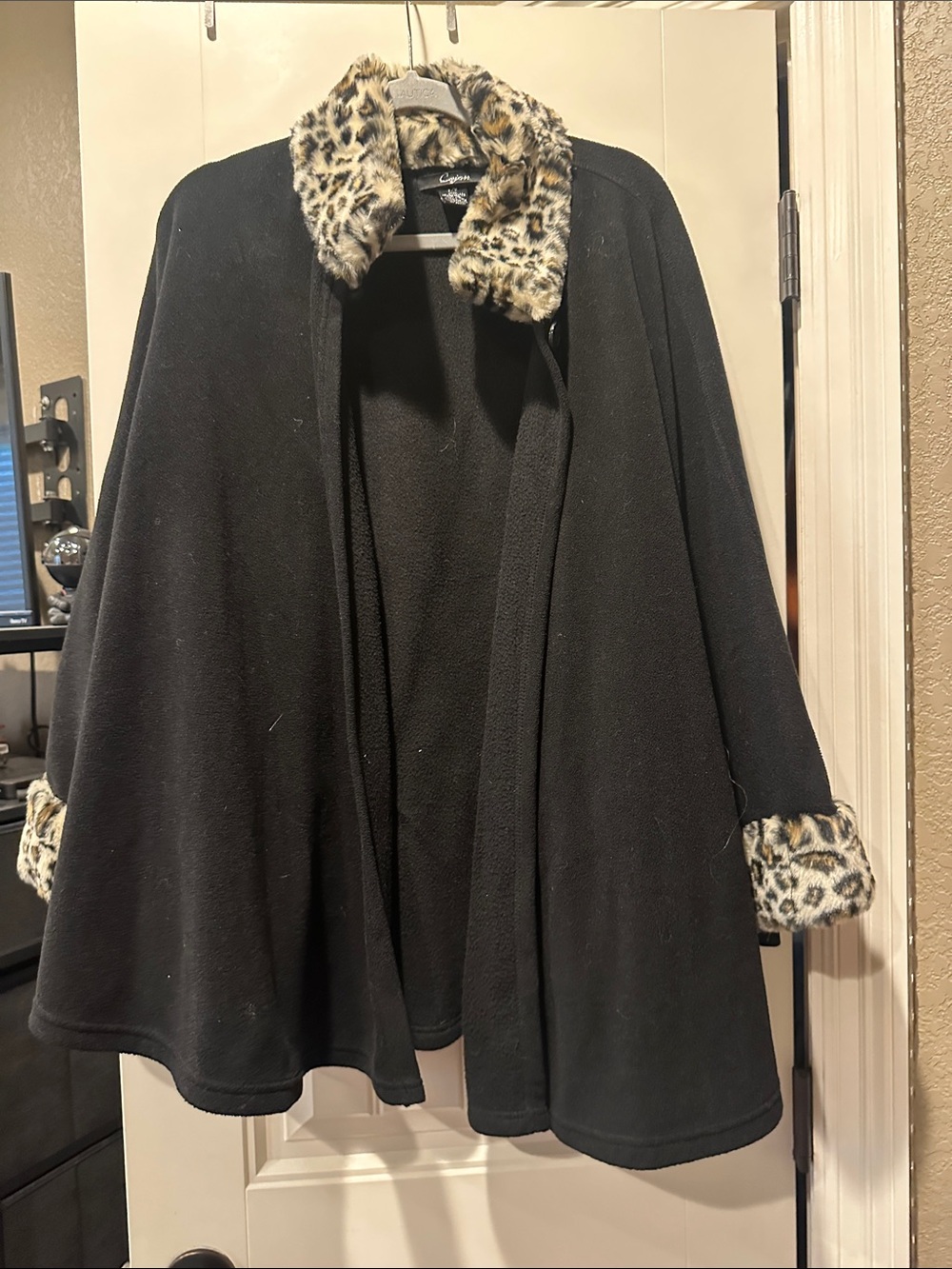 Cejon Black Cape Sweater with Leopard Faux-Fur Trim
